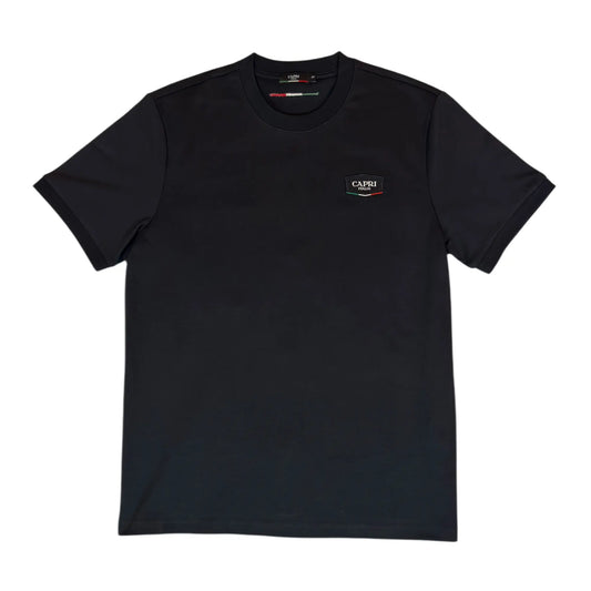 100% Cotton T Shirt in Black with Patch Design - Front View