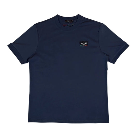 100% Cotton T Shirt in Navy with Patch Design - Front View