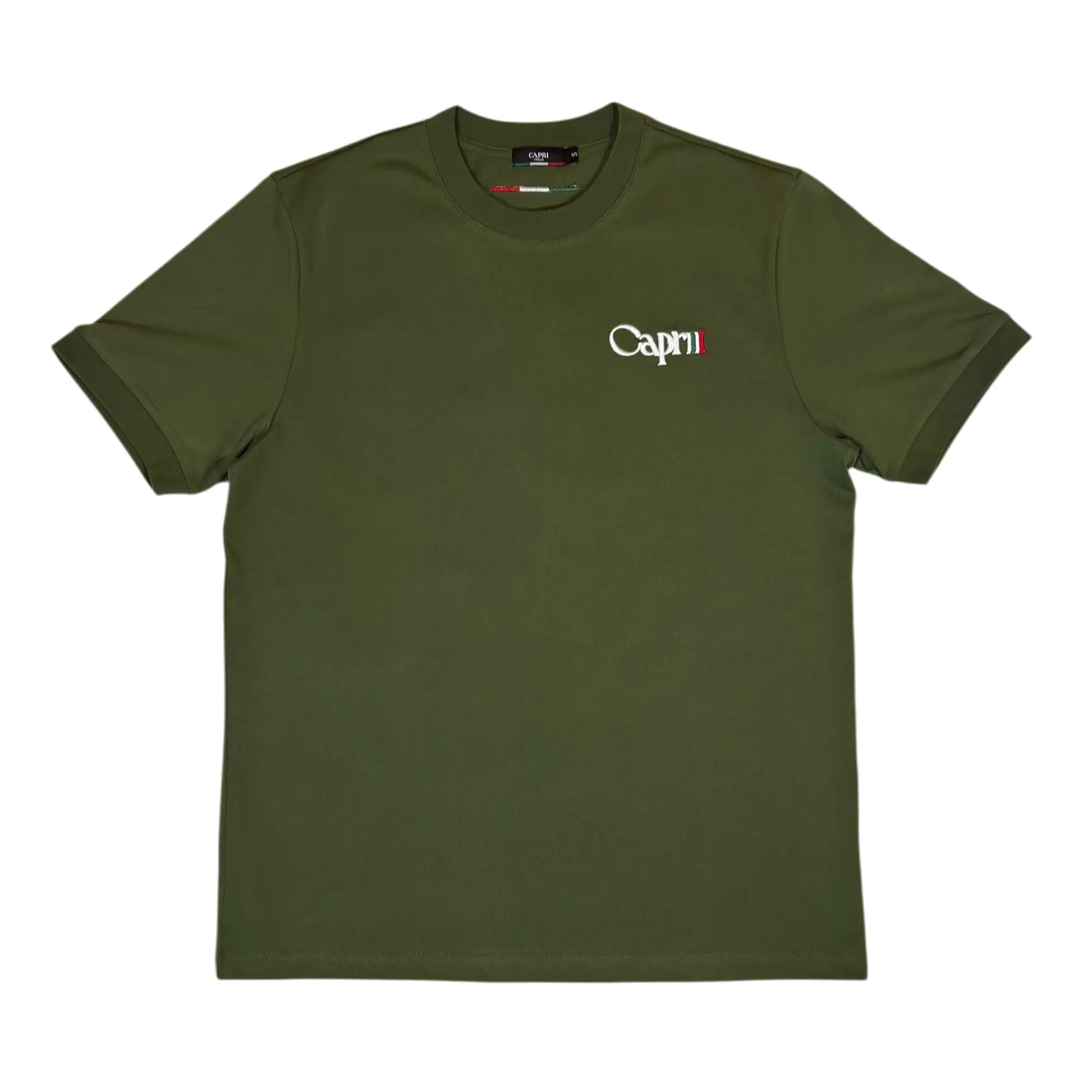 100% Cotton T Shirt in Khaki with Embroidered Flag - Front View